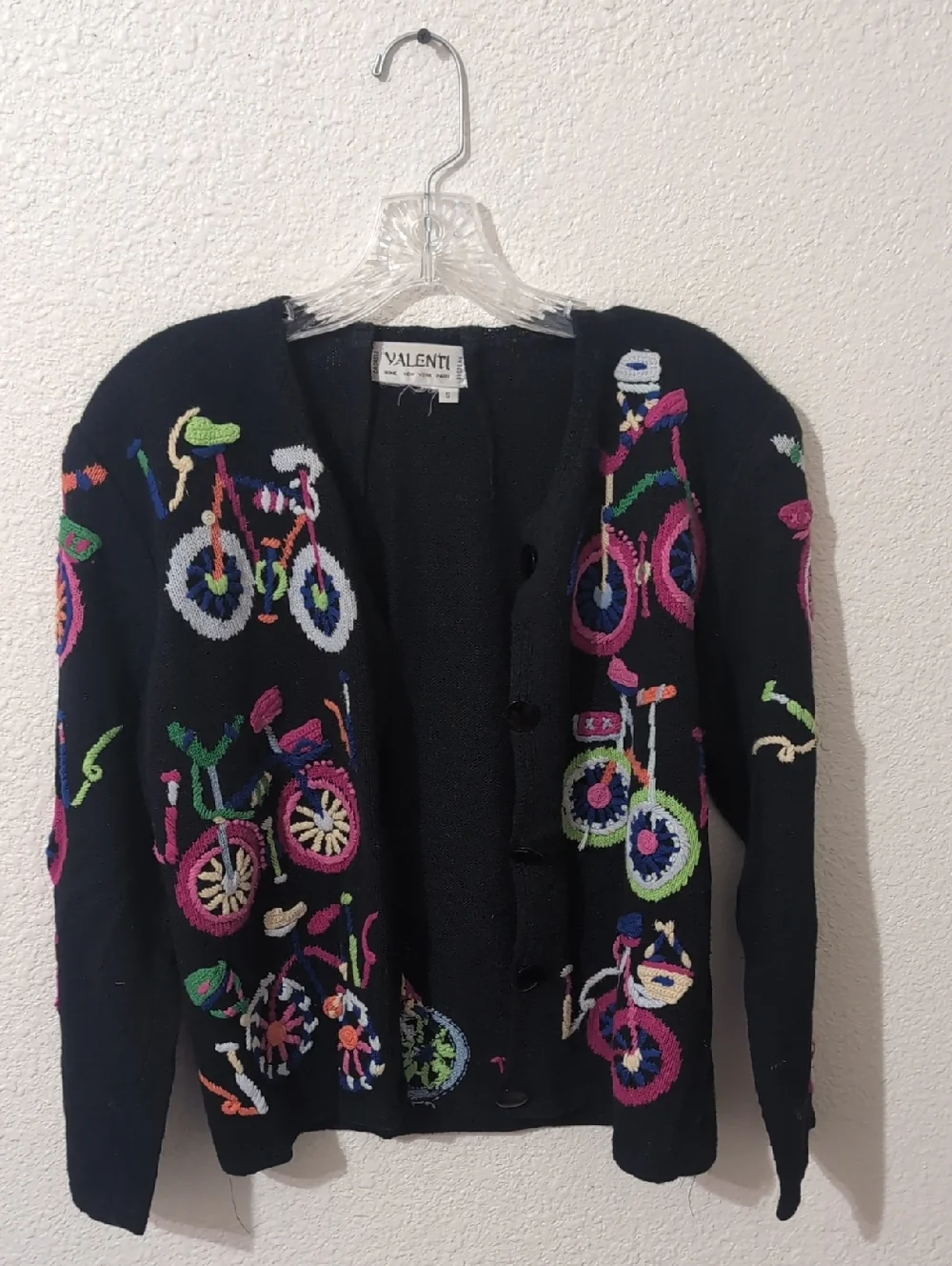 Vintage Bicycle Cardigan Embroidered 90s Novelty Sweater Black Colorful Size S - Picture 1 of 5